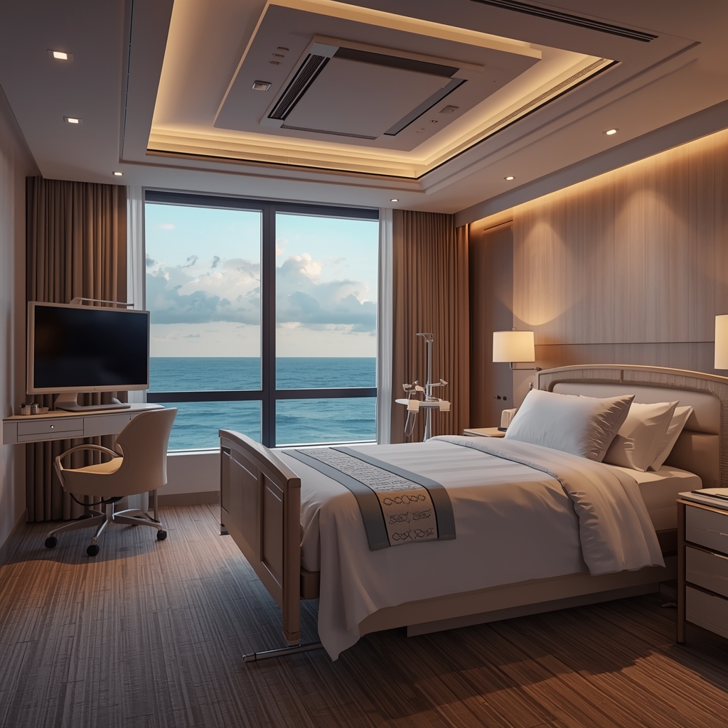 Luxurious private hospital room interior with modern medical equipment, large window overlooking tropical ocean view, comfortable bed with premium white linens, warm ambient lighting, clean and serene atmosphere, professional interior photography